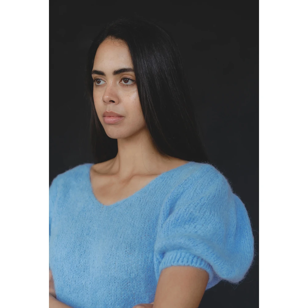 American Dreams Hemelsblauwe Pullover Korte Mouwen Elastische Band Blue Dames