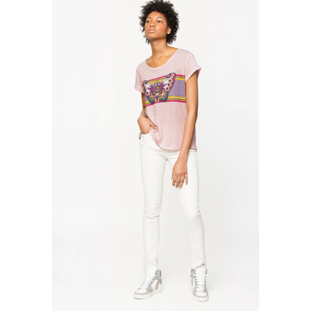 Zadig & Voltaire Vlinder Grafische Linnen T-shirt Pink Dames