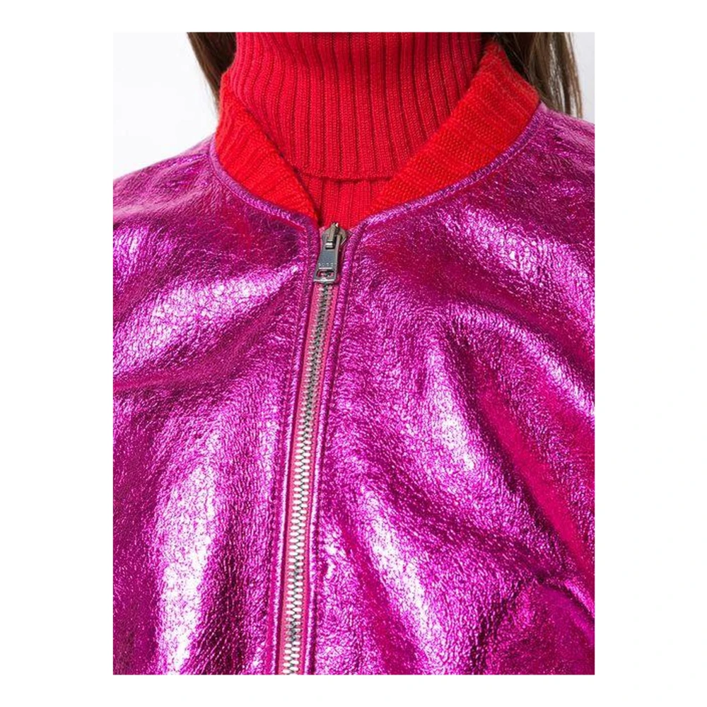 Gucci Metallic Leren Bomberjack met Gebreide Strepen Pink Dames
