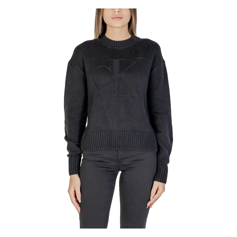 Calvin Klein Jeans Zwarte Gebreide Trui Lange Mouwen Ronde Hals Black Dames