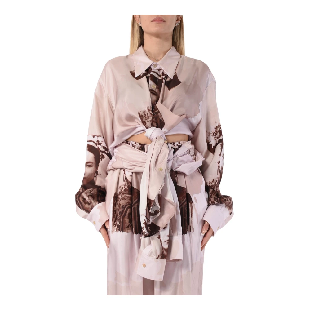 ACT N°1 Zijden Bedrukte Blouse met Voorknoppen Beige Dames