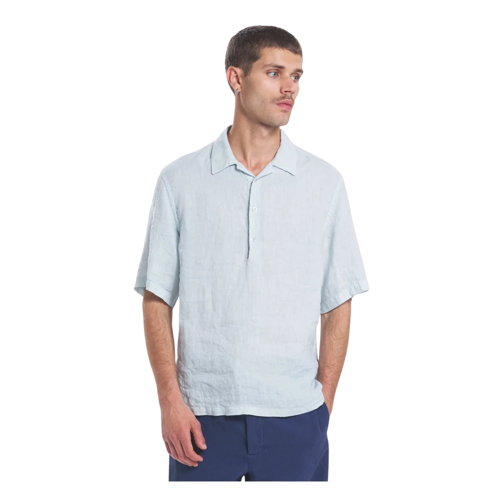 Barena Venezia Men's Blue Short Sleeve Shirts, S, Polo Mezza Manica In Lino Con Vestibilità A Scatola