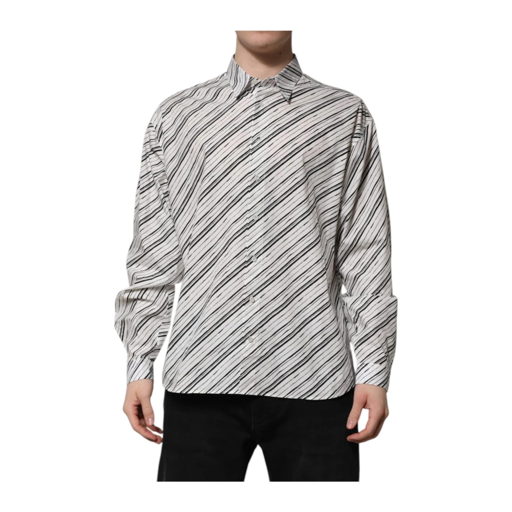 Dolce & Gabbana Men's Multicolor Casual Shirts,, White Striped Formal Shirt Classic Neck 2XS