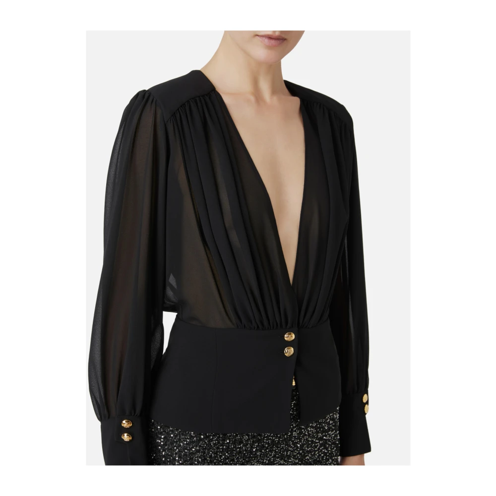 Elisabetta Franchi Georgette blouse met basque en lange mouwen Black Dames