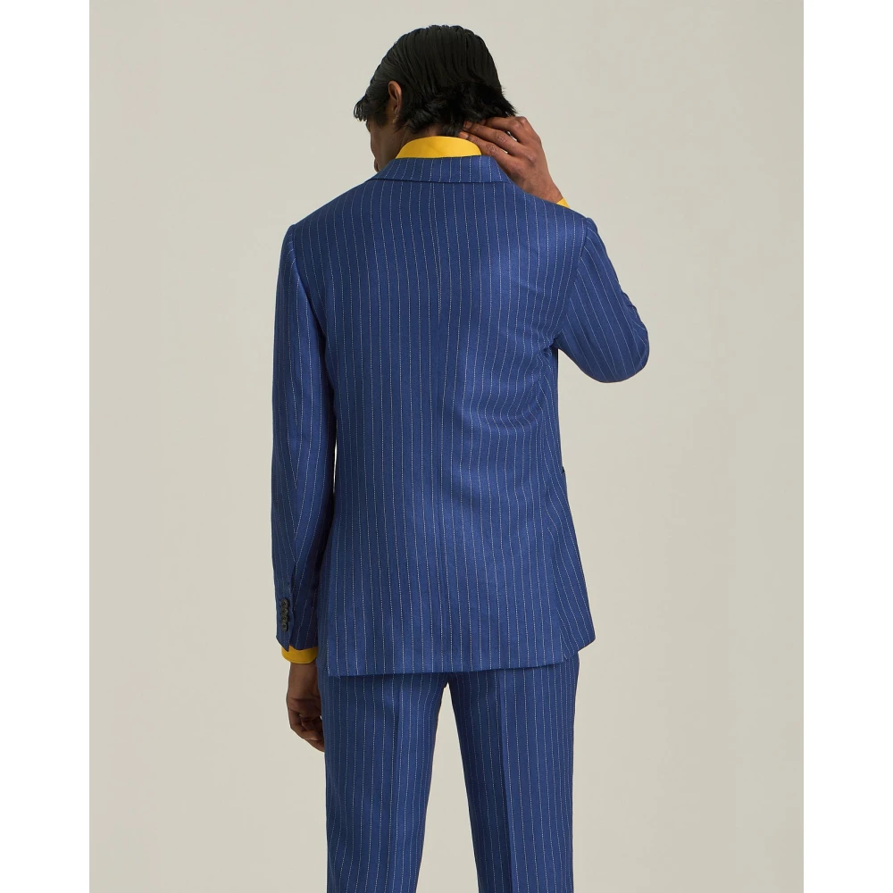 Kiton Pinstripe Double-Breasted Kasjmier Linnen Pak Blue Heren