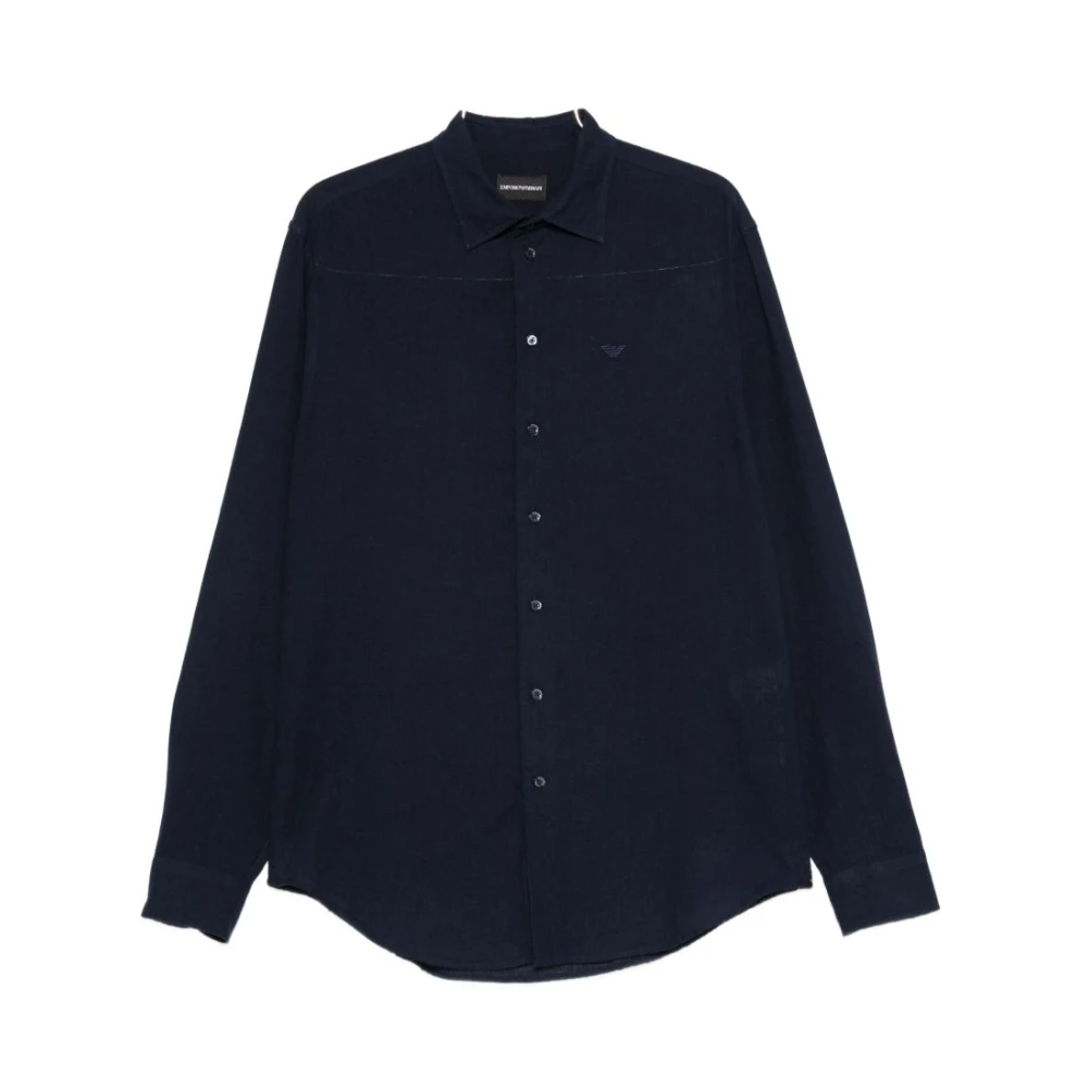 Emporio Armani Mannelijk Blauw Overhemden Heren, M, Linnen, Linnenmix Overhemd