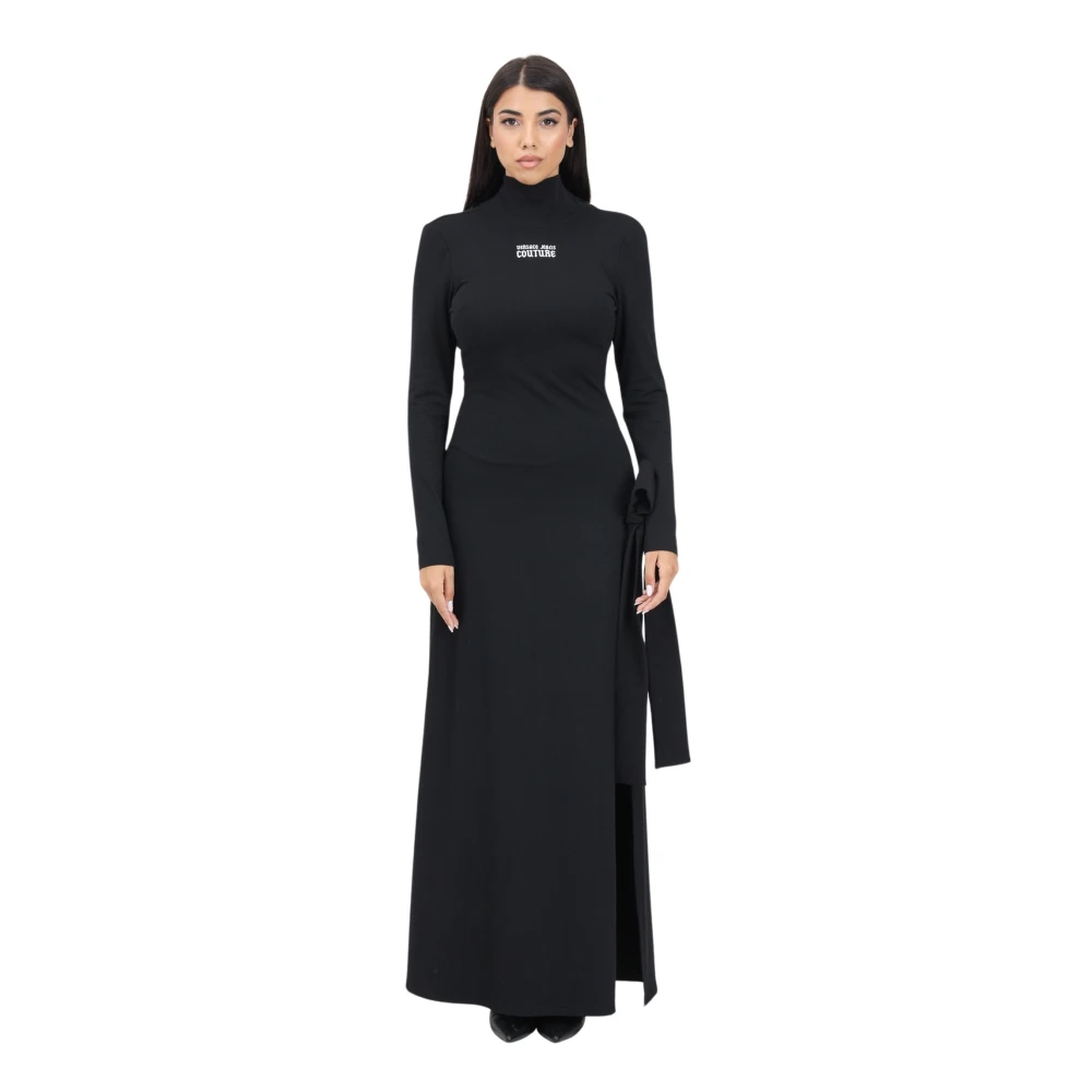 Versace Jeans Couture Zwarte Lange Jurk met Geborduurd Logo Black Dames