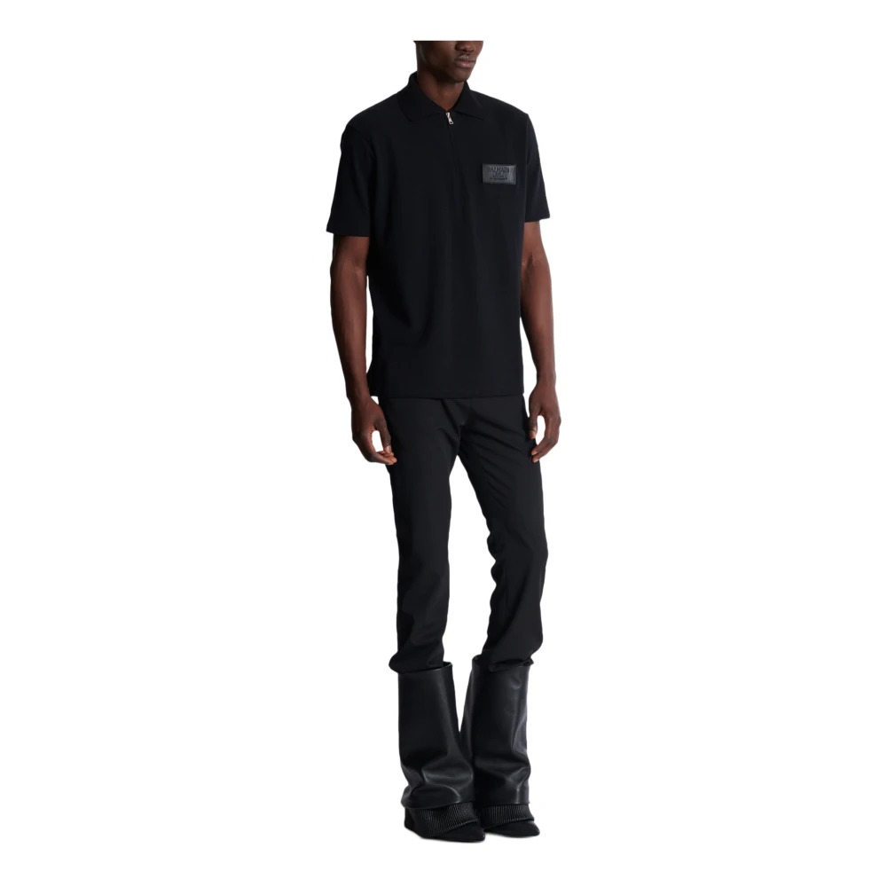 Balmain Katoenen poloshirt met leren Couture-label Black Heren