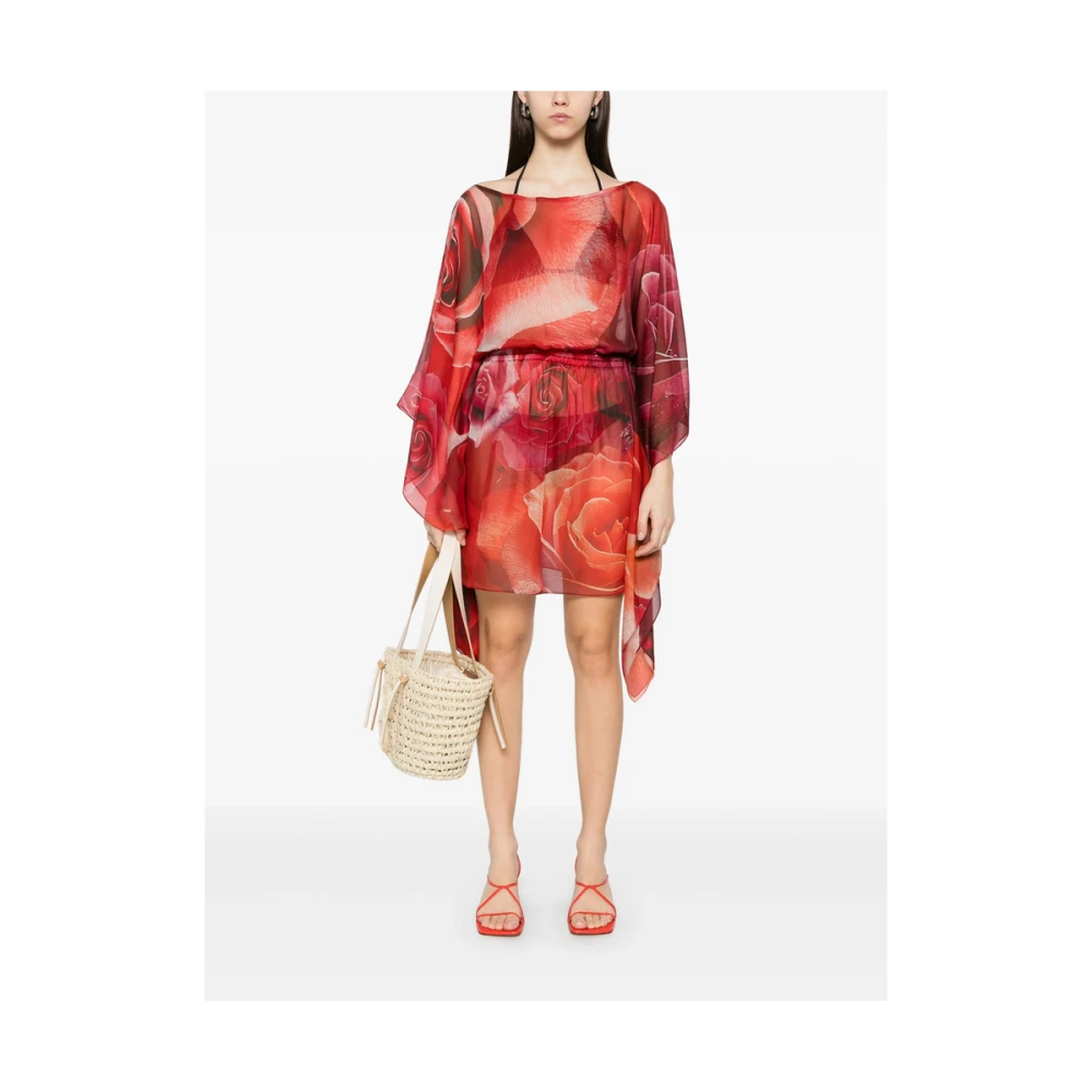 Roberto Cavalli Rode Abstract Patroon Jurk met Elastische Tailleband Red Dames
