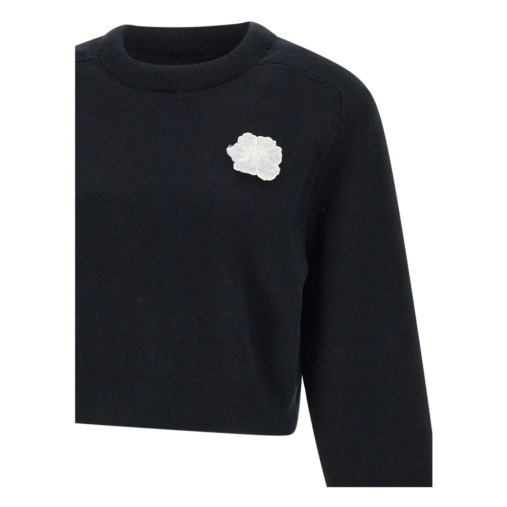 Rotate Birger Christensen Zwarte Gebreide Trui met Bloem Appliqué Black Dames