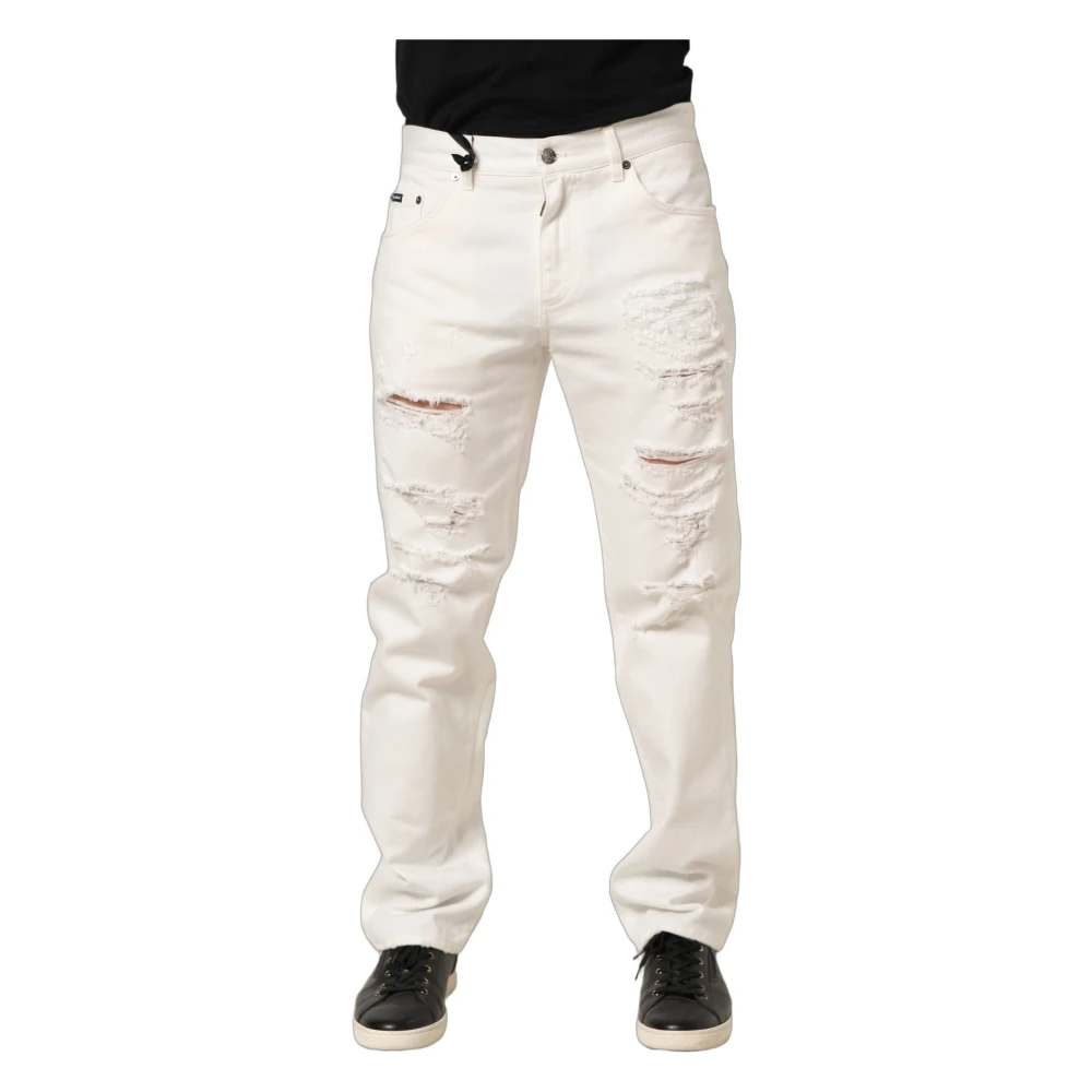 Dolce & Gabbana White Straight Fit Jeans, Male, M, Cotton Distressed Straight Denim Jeans