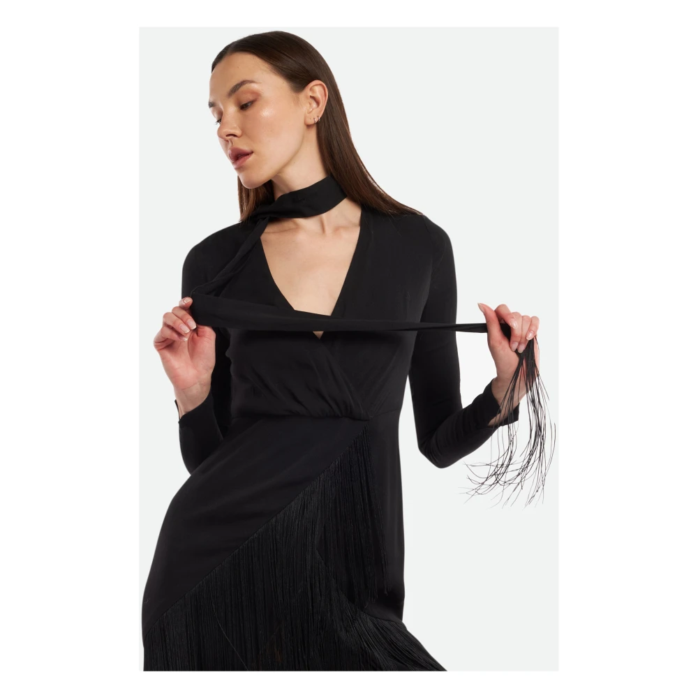 Twinset Lange Zwarte Jurk met Franje Detail Black Dames