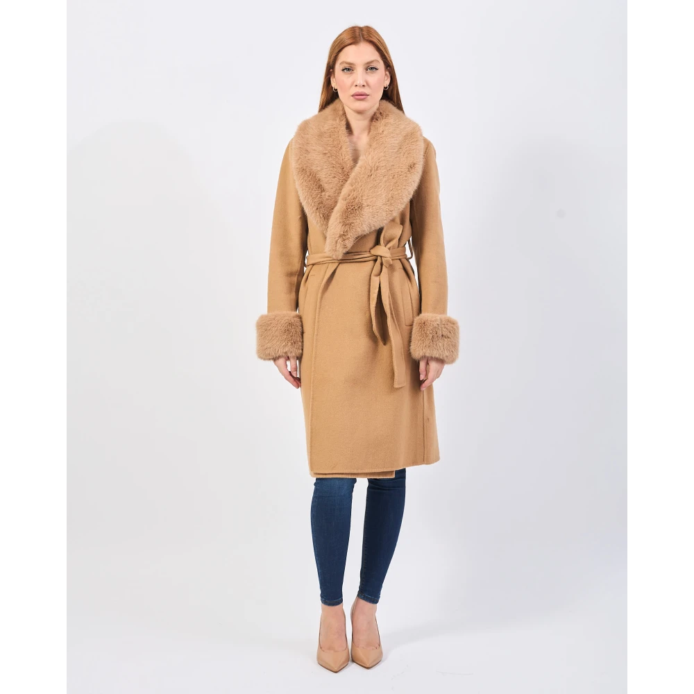 Fracomina Beige Lange Wollen Jas met Shawl Kraag Beige Dames