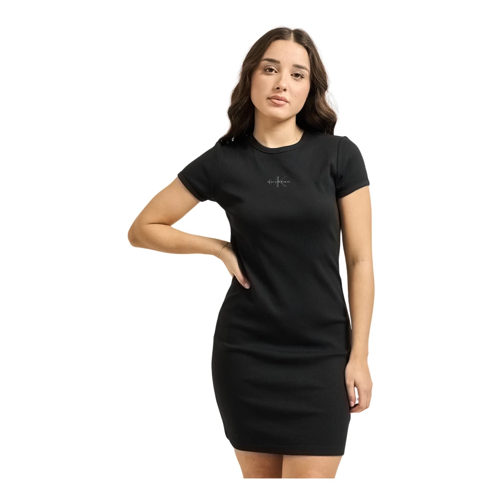 Calvin Klein Women's Black Monologo Baby Rib Dress - Short Dresses - M - Dresses