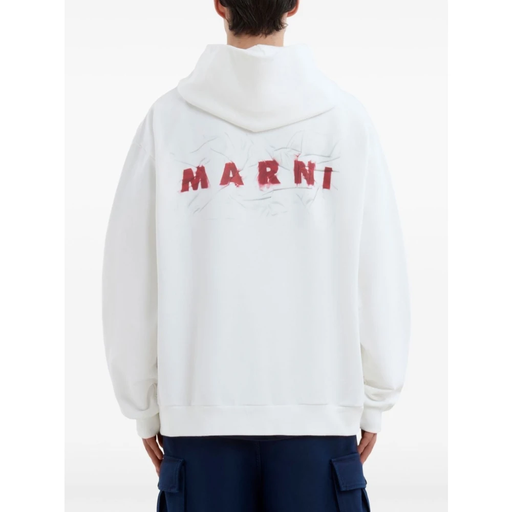 Marni Katoen Logo Print Hoodie White Heren
