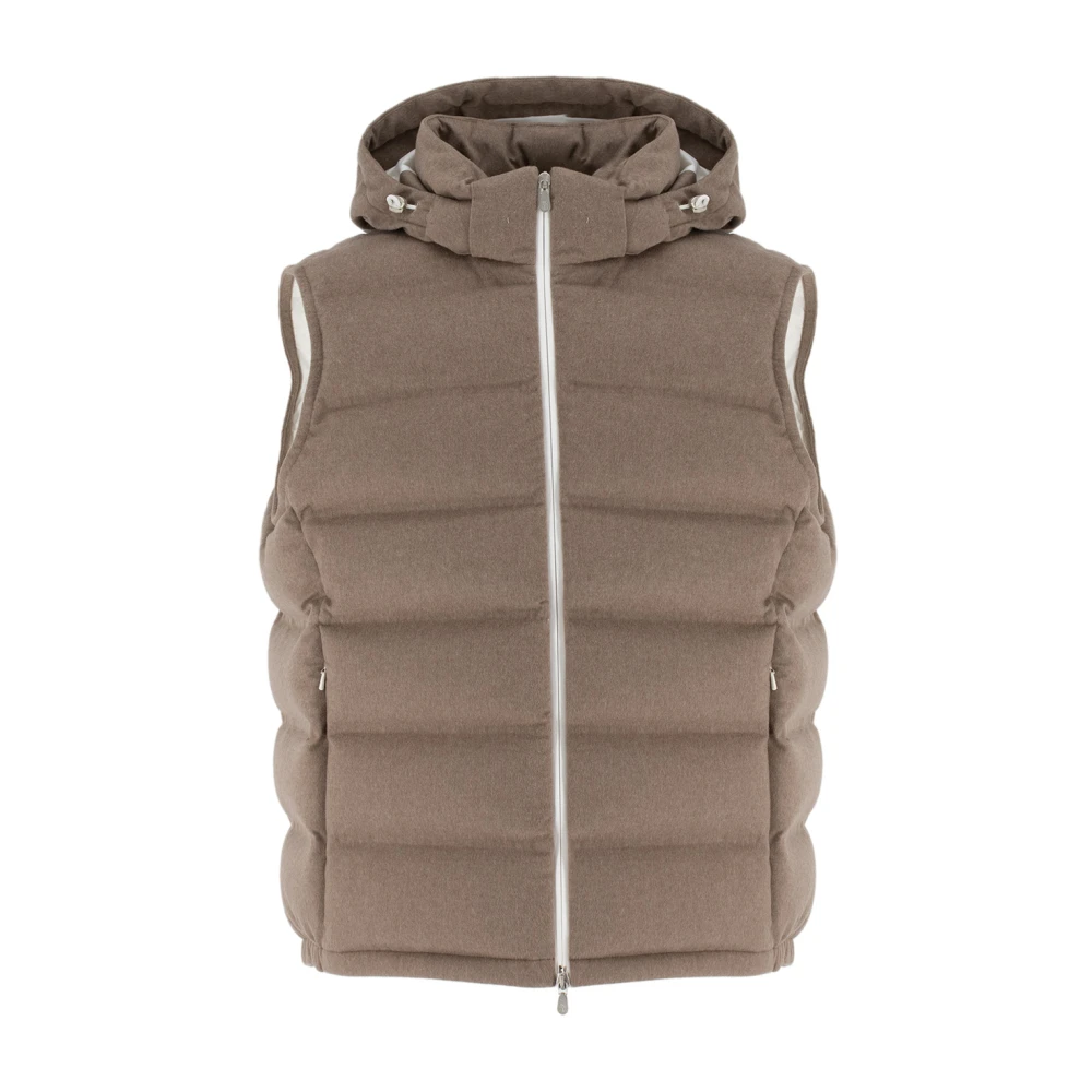 Brunello Cucinelli Mannelijk Beige Gewatteerde Mouwloze Donsjas Met Capuchon