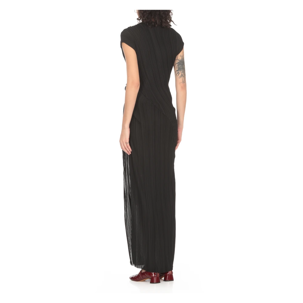 Lanvin Zwarte Geplooide Jurk Ronde Hals Korte Mouwen Black Dames