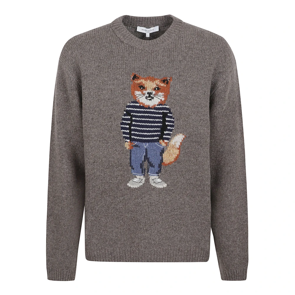 Maison Kitsuné Men's Gray Dressed Fox Intarsia Wool Jumper - Round-Neck Knitwear - S - Knitwear