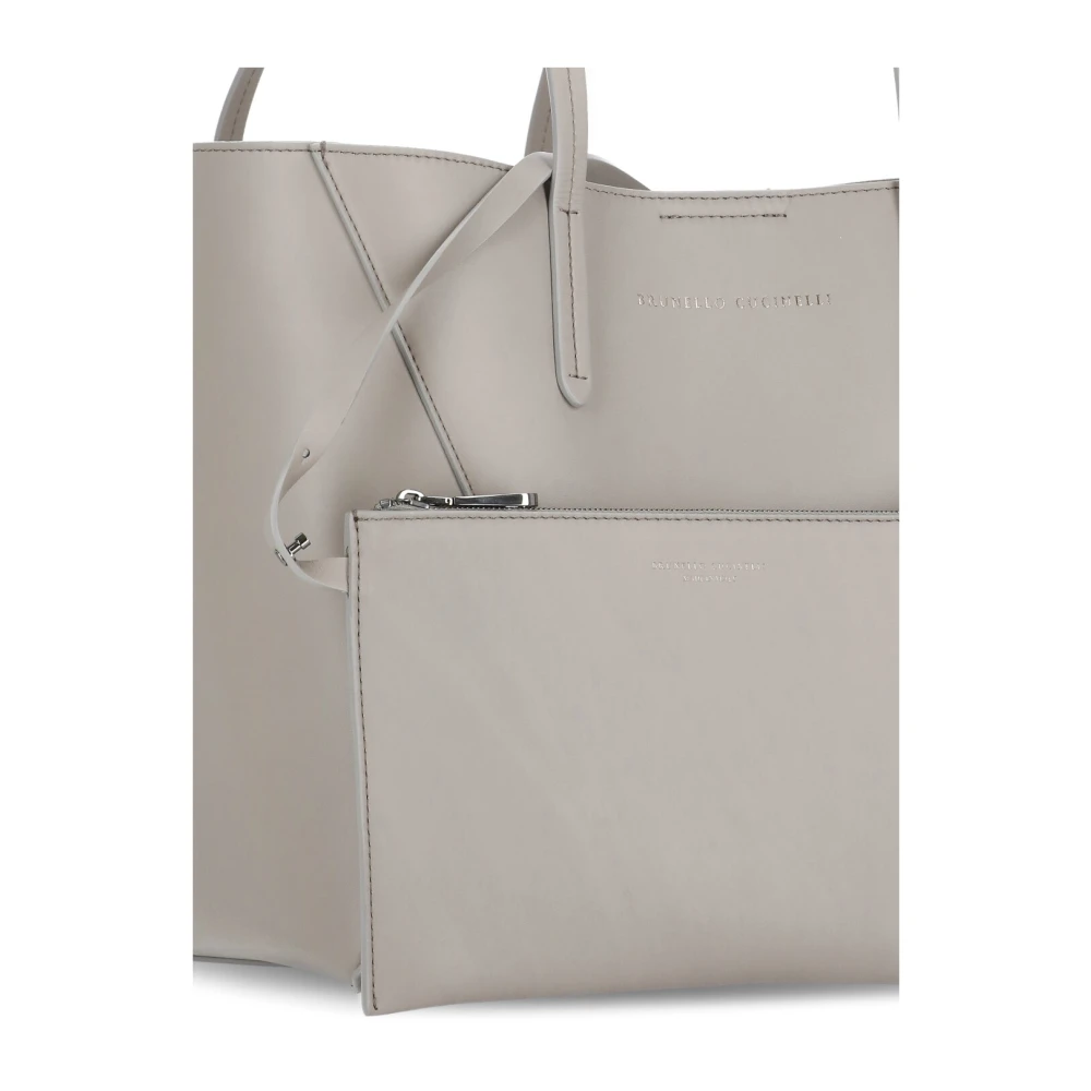 BRUNELLO CUCINELLI Grijze Leren Schoudertas met Messing Details Gray Dames