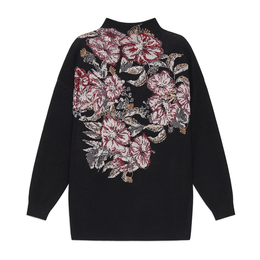 Maliparmi Women's Black Turtlenecks, S, Flower Jacquard Knitwear