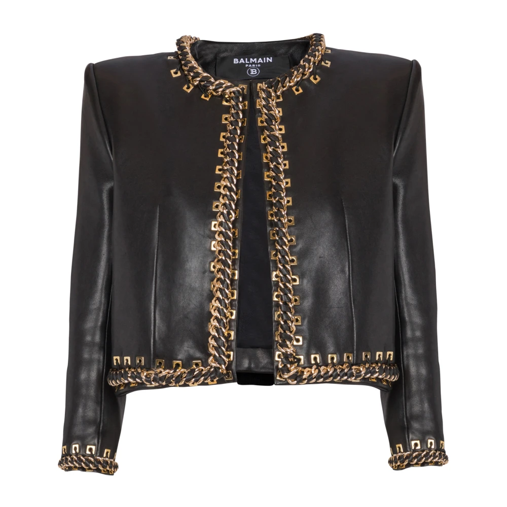 Balmain Lamsleren jas met kettingafwerking Black Dames