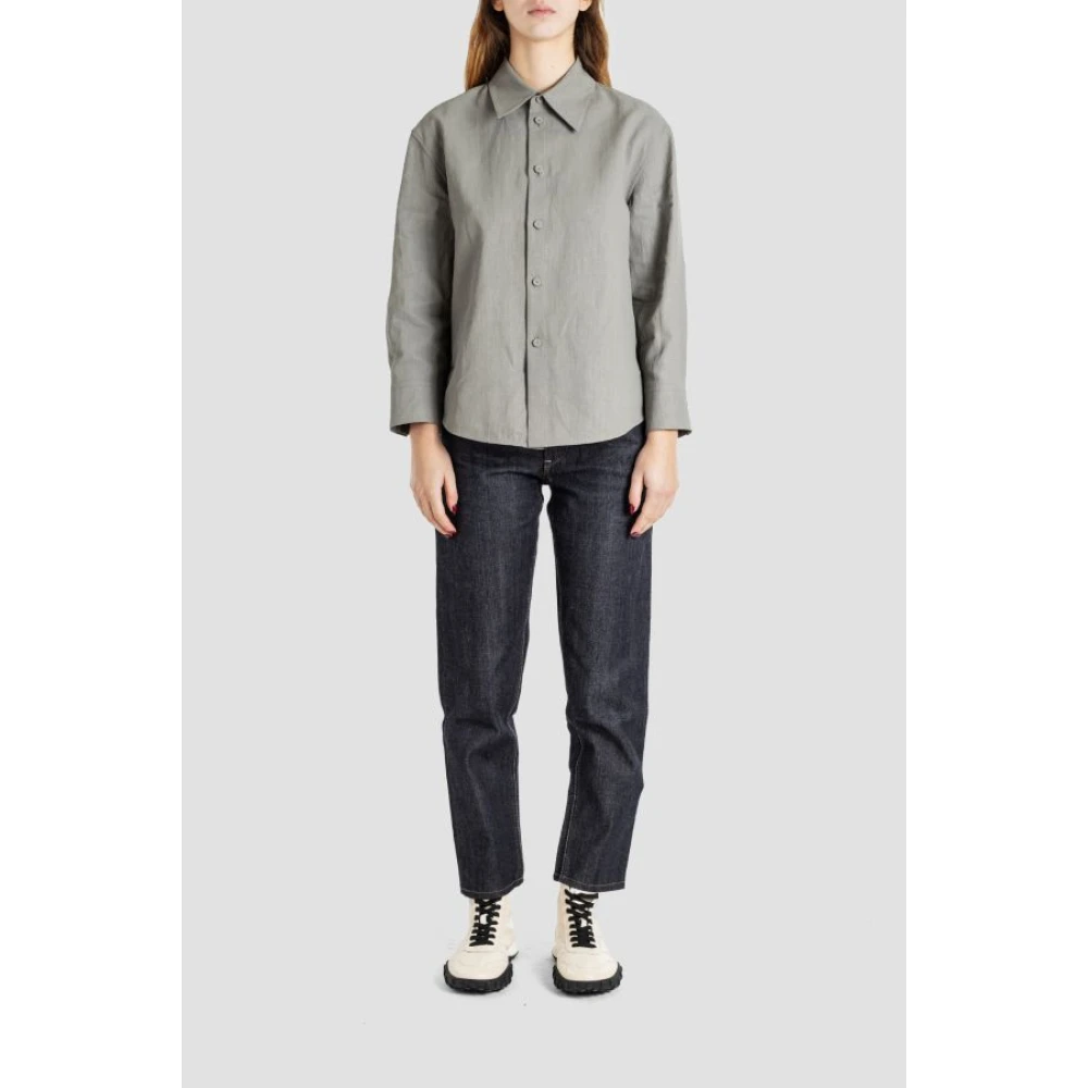 Jil Sander Grijze shirt in gecoat linnen knoopsluiting Gray Dames