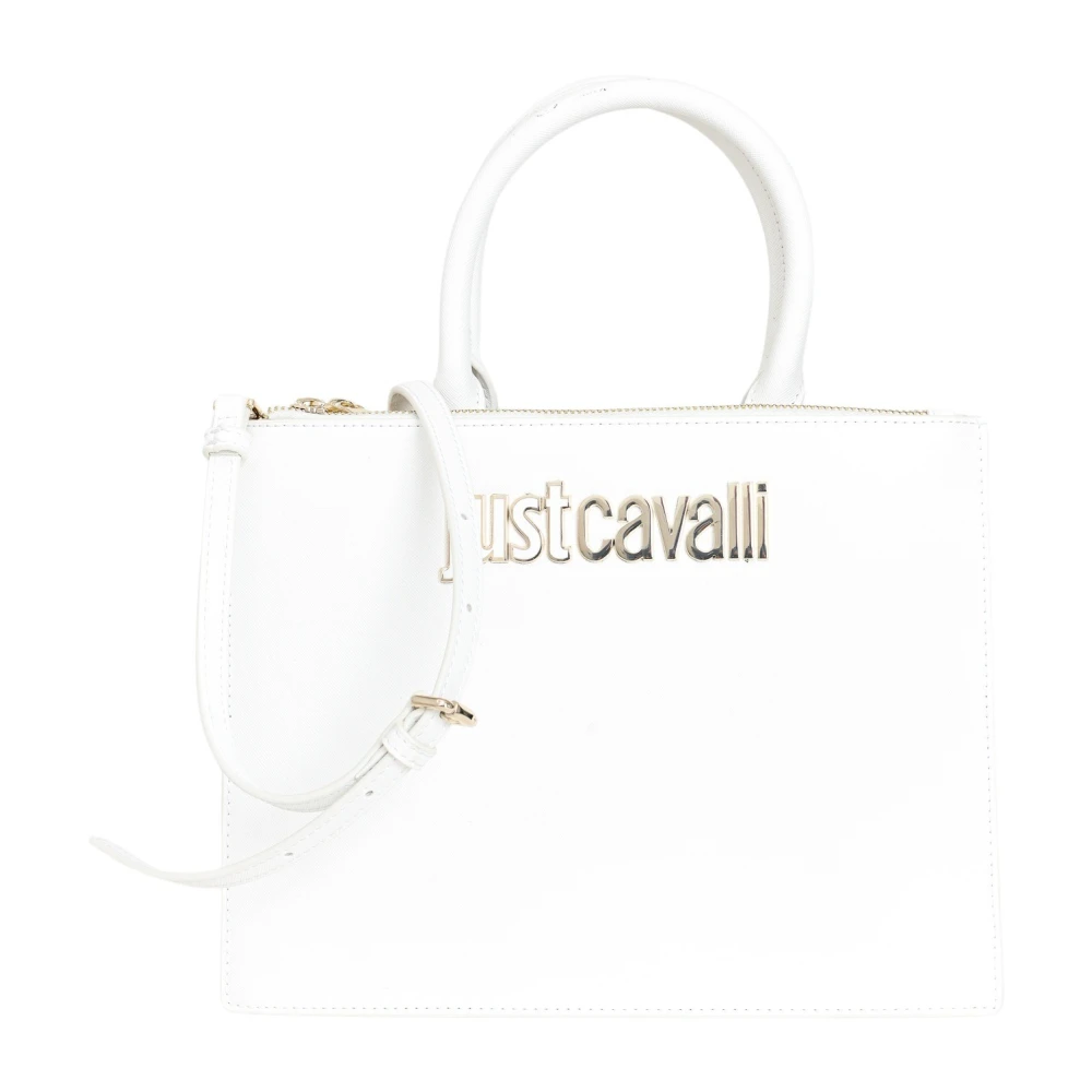 Just Cavalli Witte Dames Schoudertas met Gouden Logo Plaatje White Dames