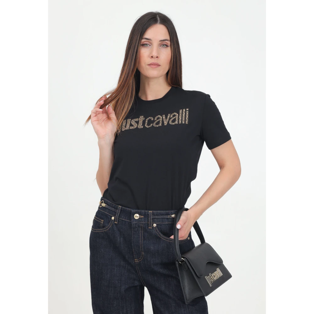 Just Cavalli Zwart Rhinestone Logo T-shirt Black Dames
