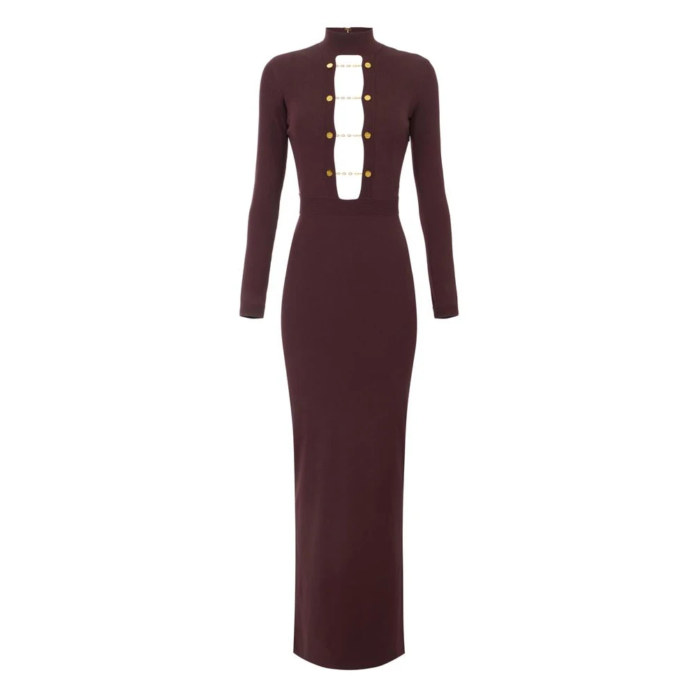 Elisabetta Franchi Brown Maxi Dresses, Female, M, Viscose Knit Dress With Jewel Cufflinks