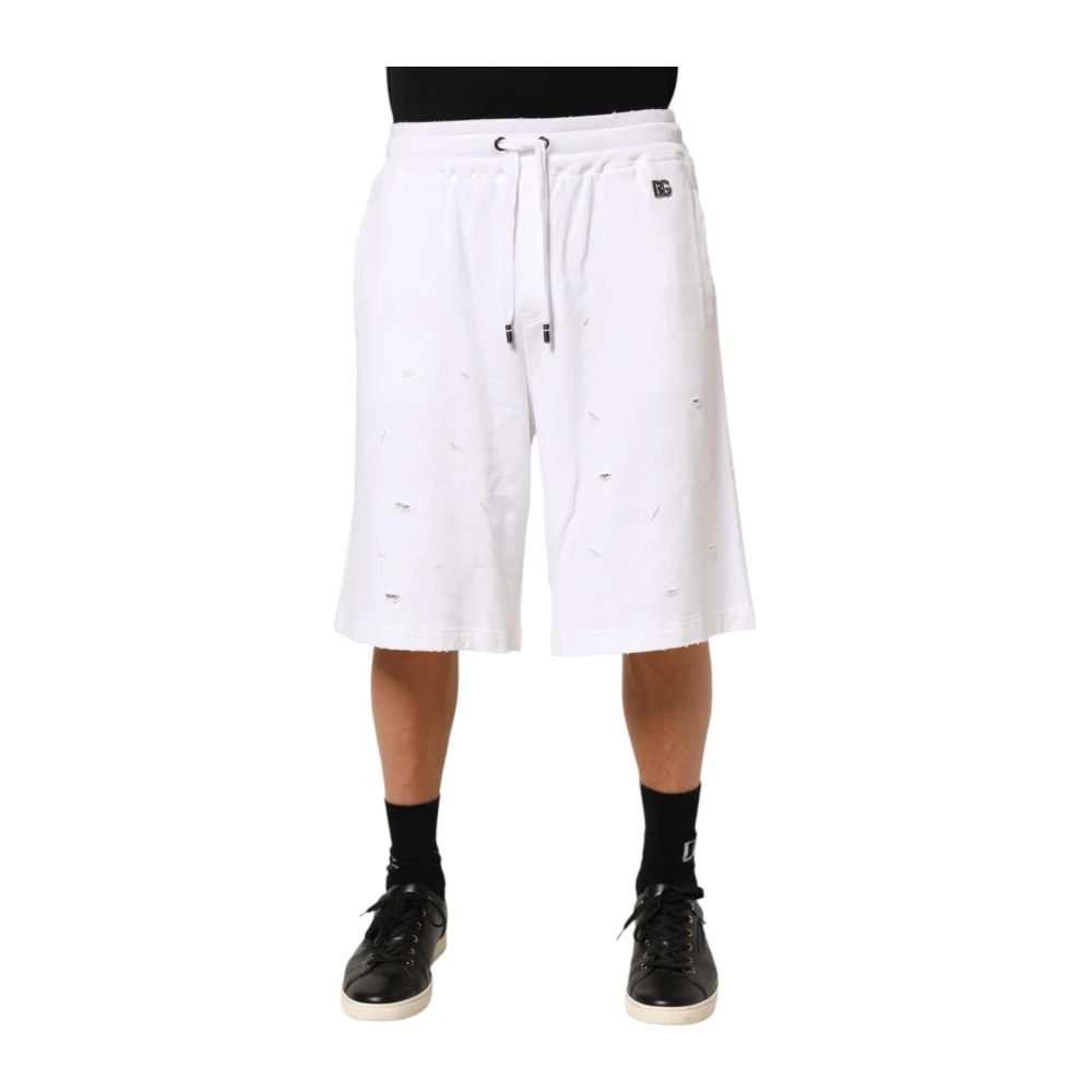 Dolce & Gabbana Men's White Ripped Bermuda Joggers Shorts - Bermudas - M - Shorts