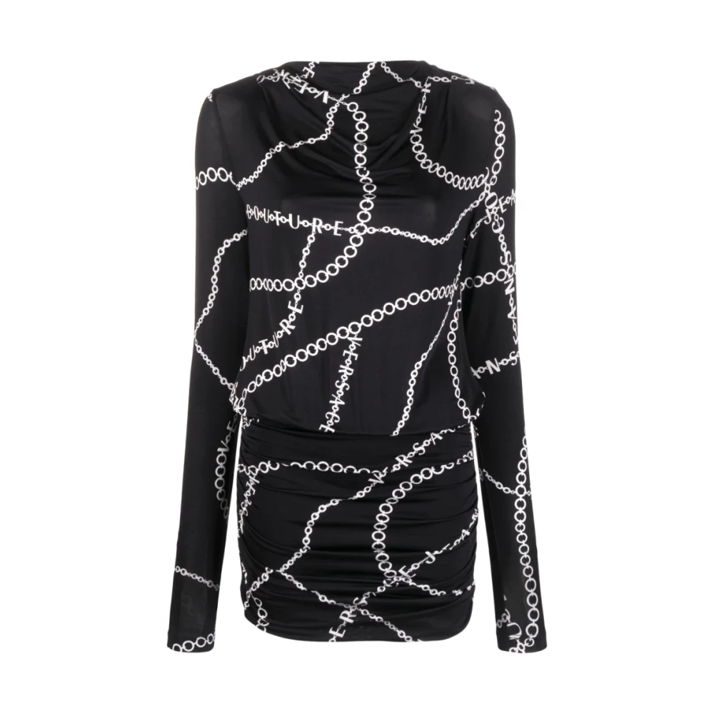 Versace Jeans Couture Kettingprint Zwart en Wit Jurk Black Dames