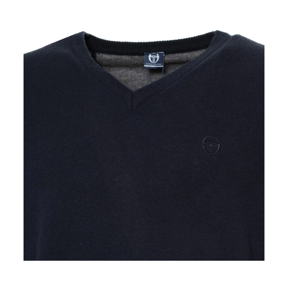 Sergio Tacchini Wollen V-hals trui met geribbelde boorden en zichtbaar logo Blue Heren