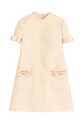 Beige Ull Siden Kort Klänning
