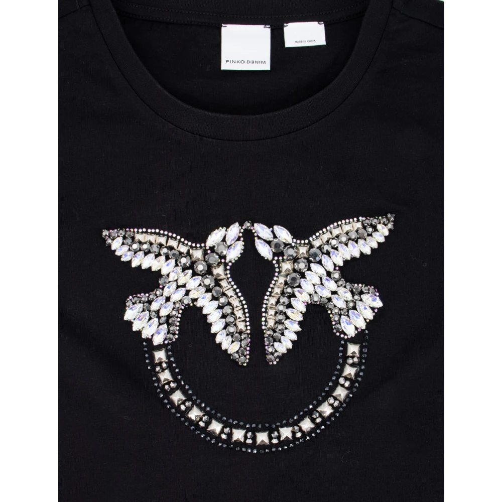 pinko Love Birds Geborduurd T-shirt Black Dames
