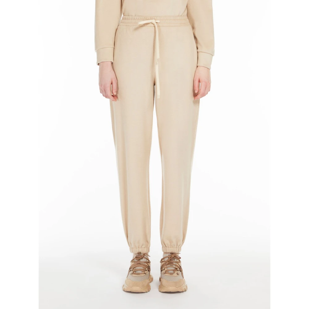 Max Mara Weekend Zachte Jersey Gedrapeerde Broek met Elastische Taille en Manchetten Beige Dames