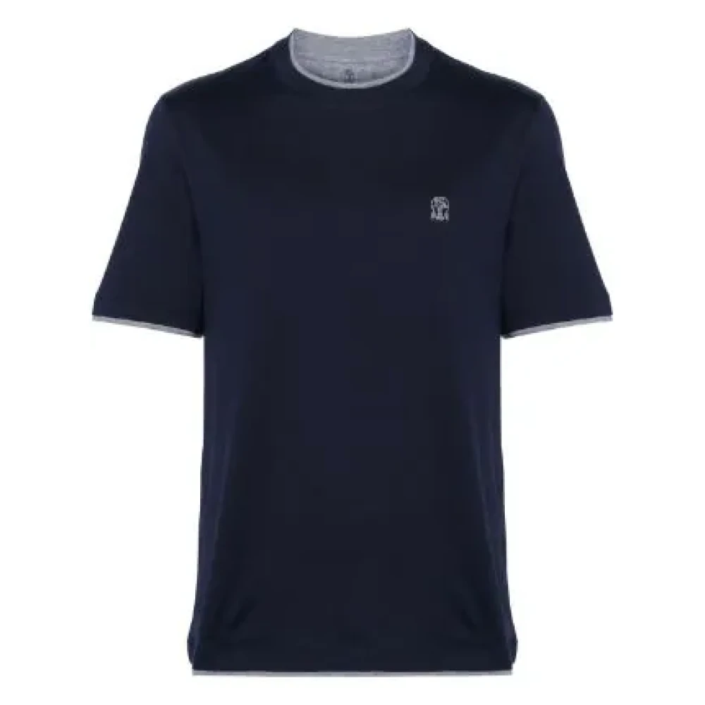 BRUNELLO CUCINELLI Gelaagd Logo Geborduurd T-Shirt Lichtbruin en wit katoenen T-shirt Wit T-shirt met geborduurd logo Blue Beige White Heren