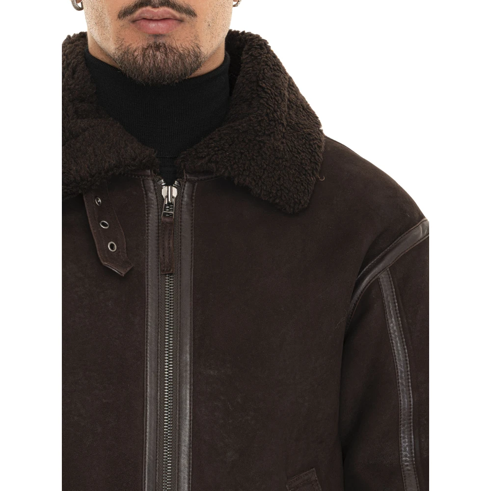 Roy Roger's Shearling Leren Trim Jas met Rits Brown Heren