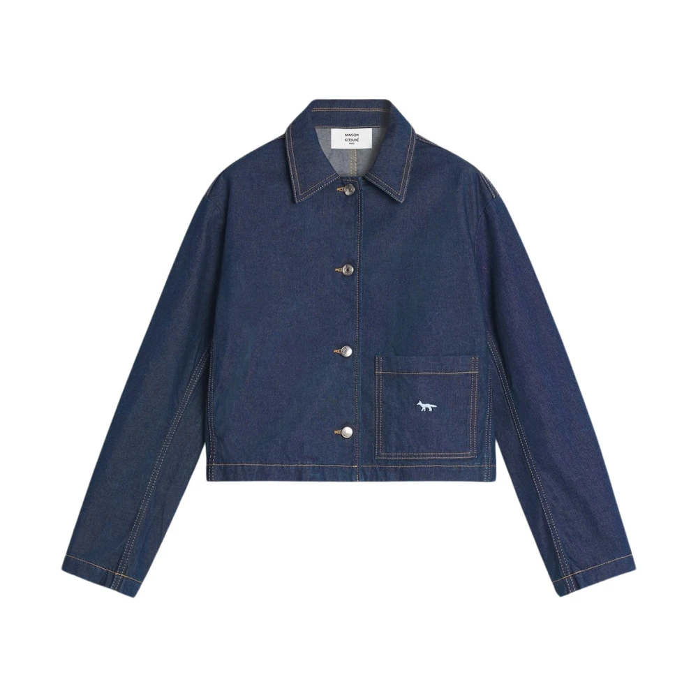 Maison Kitsuné Women's Blue Denim Jackets, L, Short Japanese Denim Jacket With Fox Embroidery