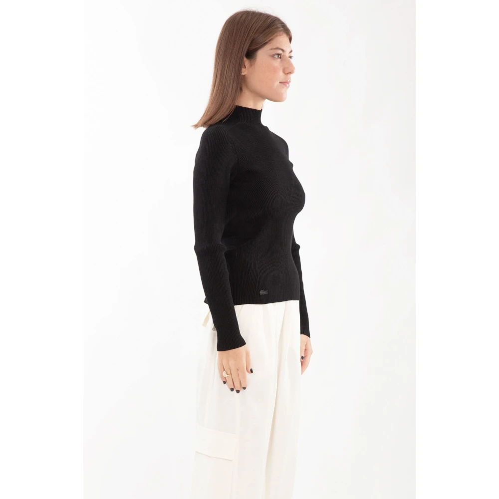 Lacoste Geribbelde hoge hals lange mouwen top Black Dames