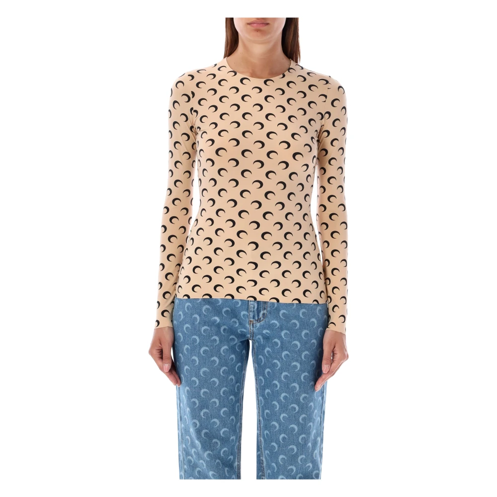 Marine Serre Women's Beige Moon Print Crew Neck Top - Long Sleeve T-Shirts - L - Tops
