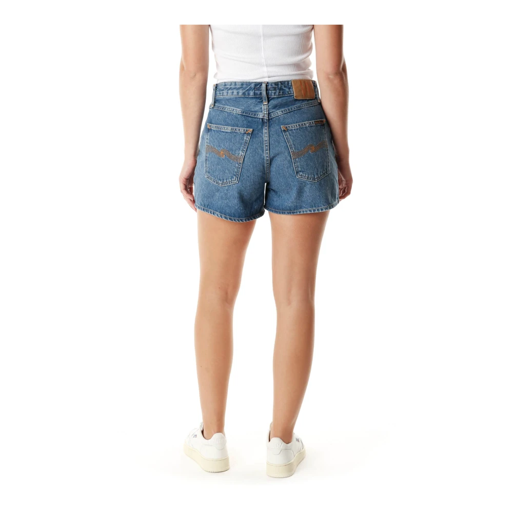 Nudie Jeans Hoge Taille Wijde Pijp Denim Shorts Blue Dames