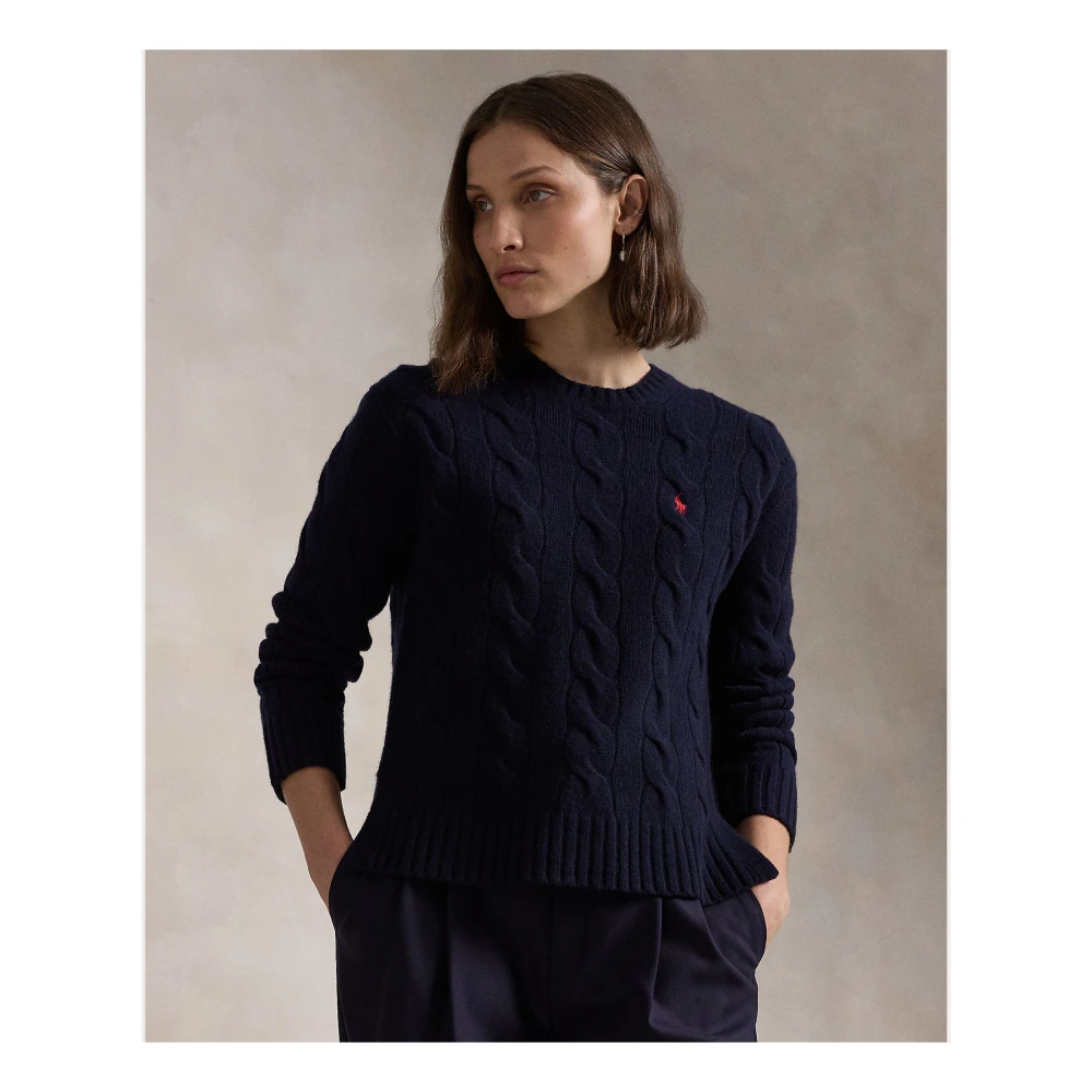 Polo Ralph Lauren Navy Blue Klassieke Kabel Gebreide Trui Blue Dames
