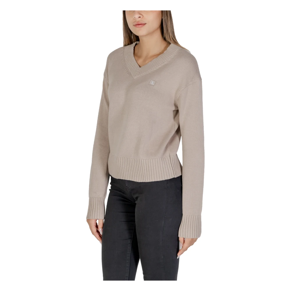 Calvin Klein Jeans Geborduurde V-hals Katoenen Trui Beige Dames