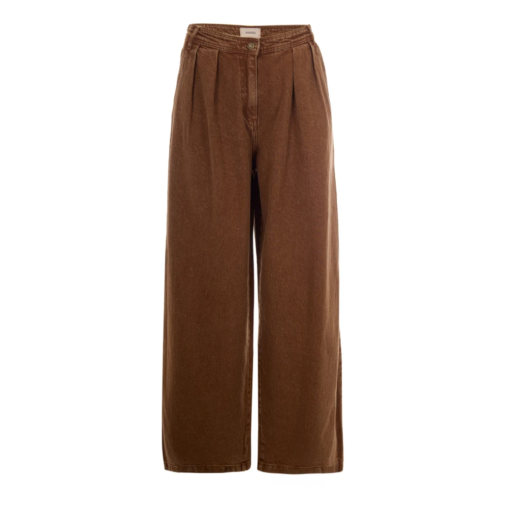Sessun Women's Brown Wide Jeans, 2XS, Pleated Baggy Trousers