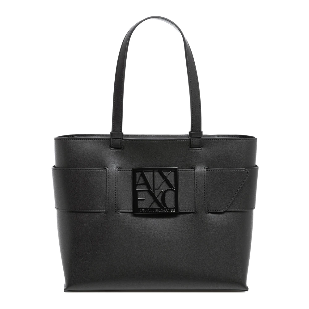 Armani Exchange Women's Black Shopping Bags, One Size, Stylish Zip Closure Logo Tote Bag