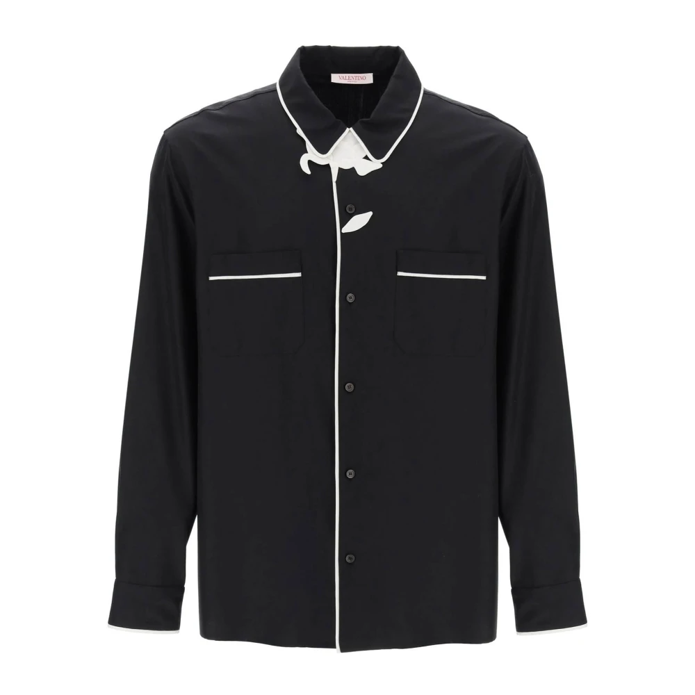 Valentino Garavani Zijden Poplin Pyjama Style Shirt met Bloem Black Heren