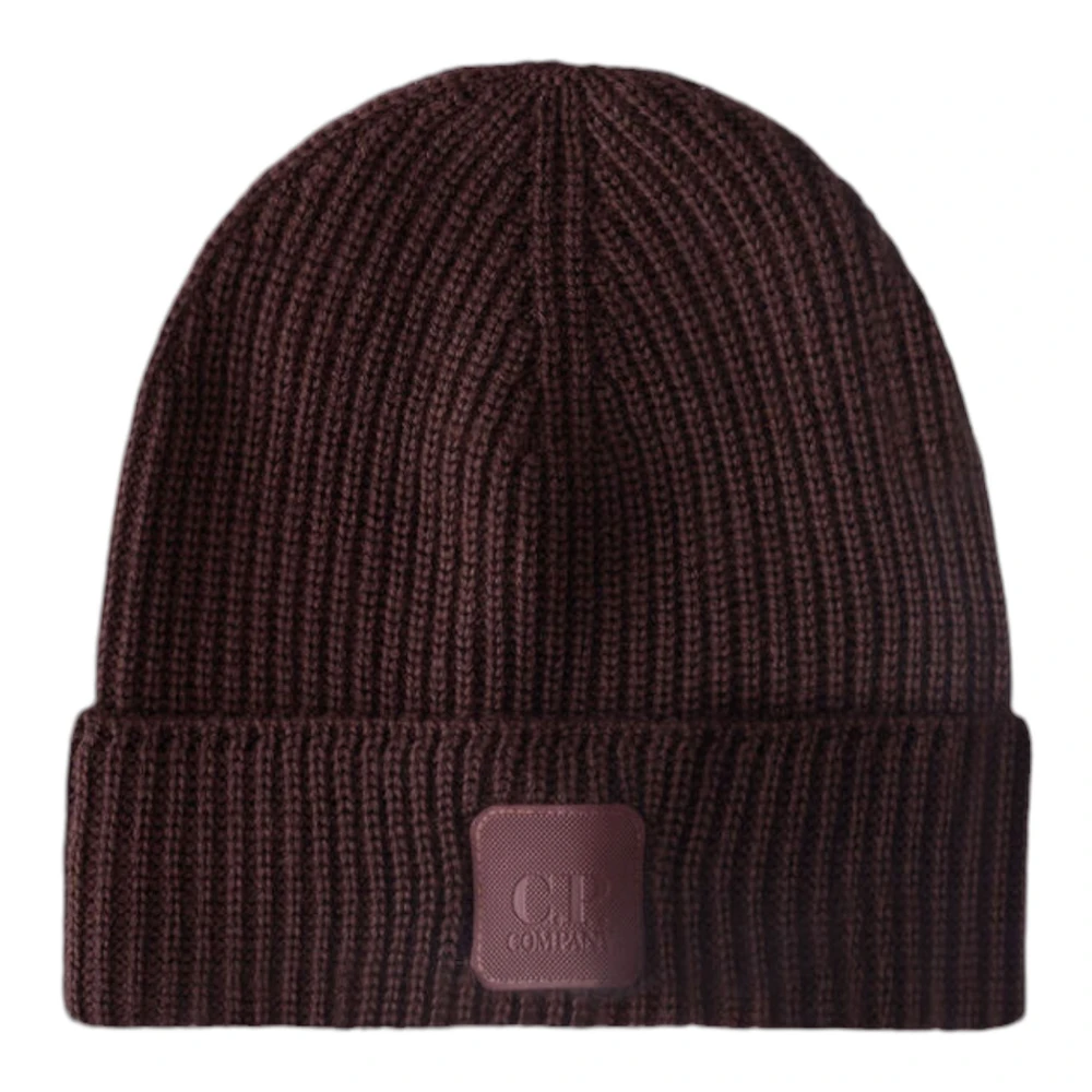 C.P. Company Wollen Patch Beanie in Extrafijne Wol Brown Heren