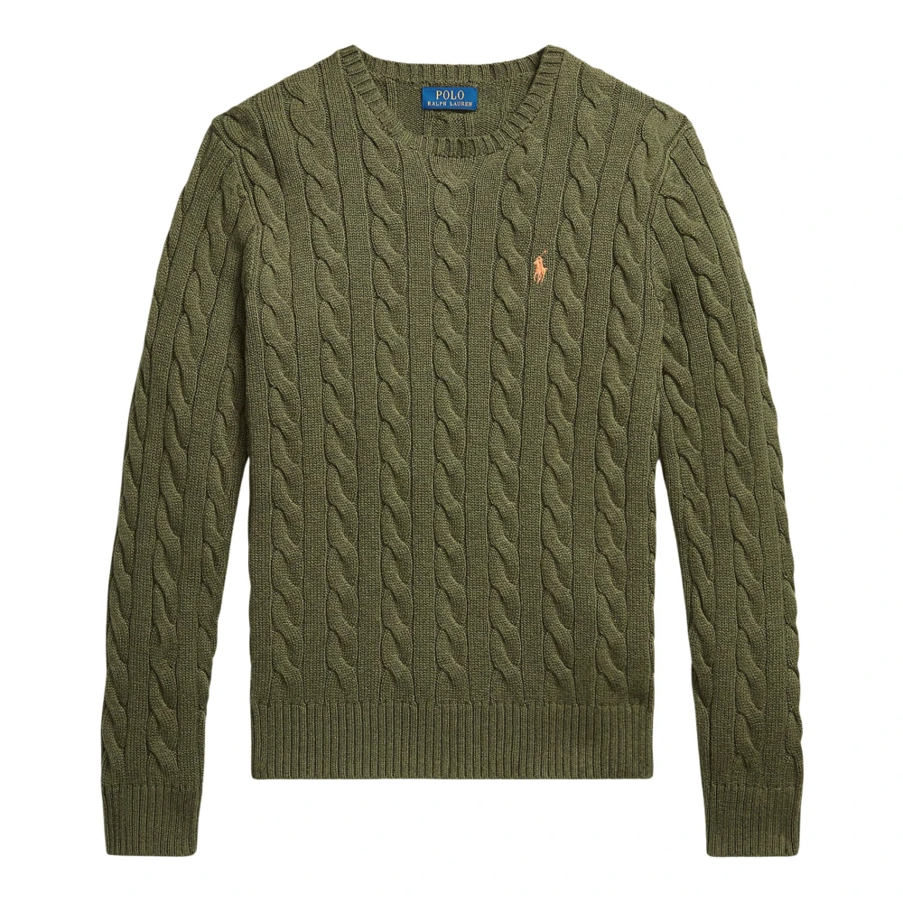 Ralph Lauren Men's Green Round-Neck Knitwear, S, Cable Knit Jumper With Logo