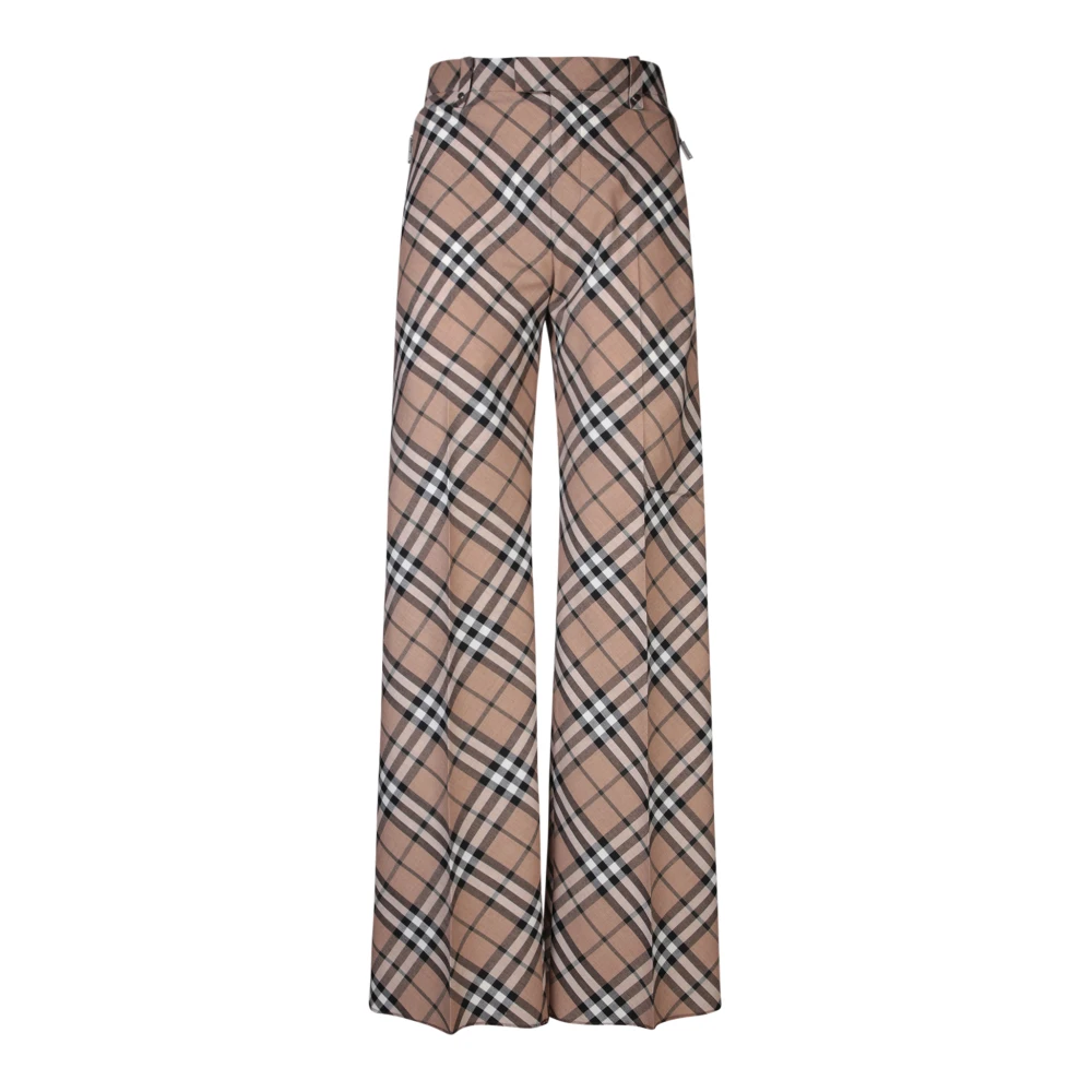 Burberry Check Print Wool Blend Wide Leg Broek Beige Heren