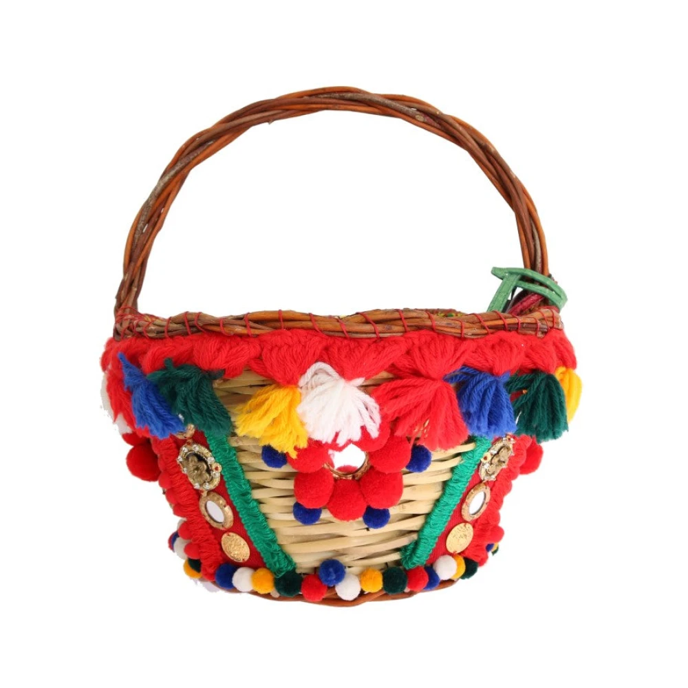 Dolce & Gabbana Women's Multicolor Exotic Beige Straw & Fur Pom Pom Tote - Handbags - One Size - Bags